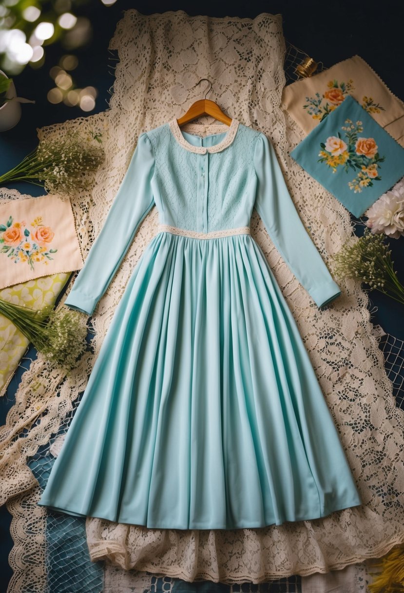 A vintage-inspired long sleeve dress hangs on a mannequin, surrounded by lace and floral fabric swatches