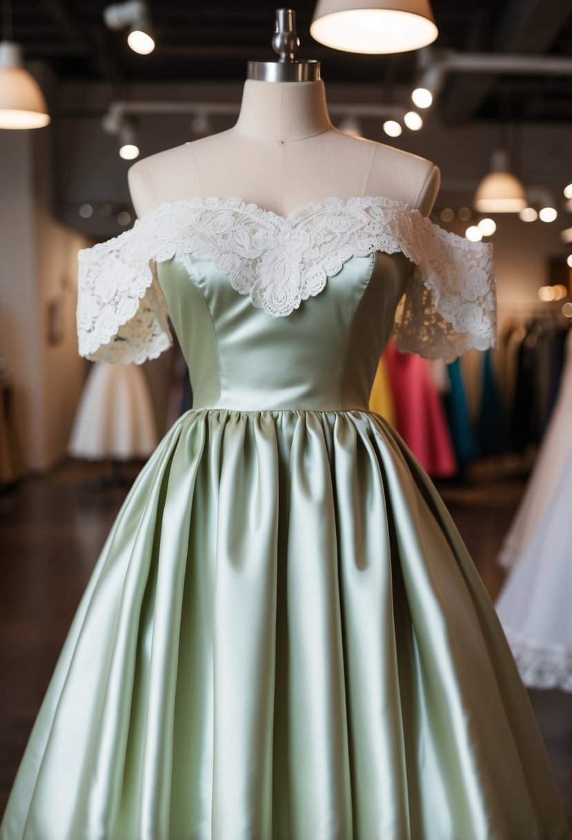 A vintage-inspired off-the-shoulder satin dress hangs on a mannequin, with delicate lace details and a flowing skirt