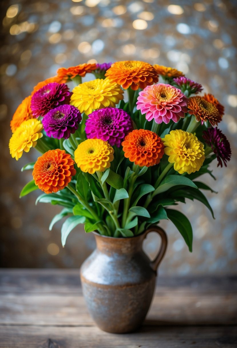 A vibrant bouquet of zinnias in various colors and sizes arranged in a rustic vase