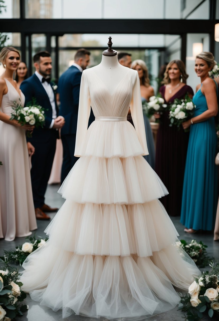 A tiered long sleeve tulle dress displayed on a mannequin, surrounded by elegant wedding guest attire