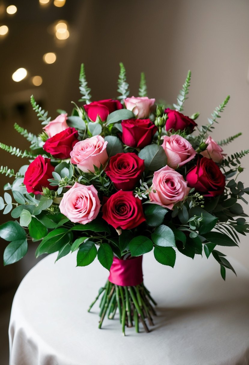 A lush bouquet of red and pink roses, accented with greenery, arranged in a classic, elegant style