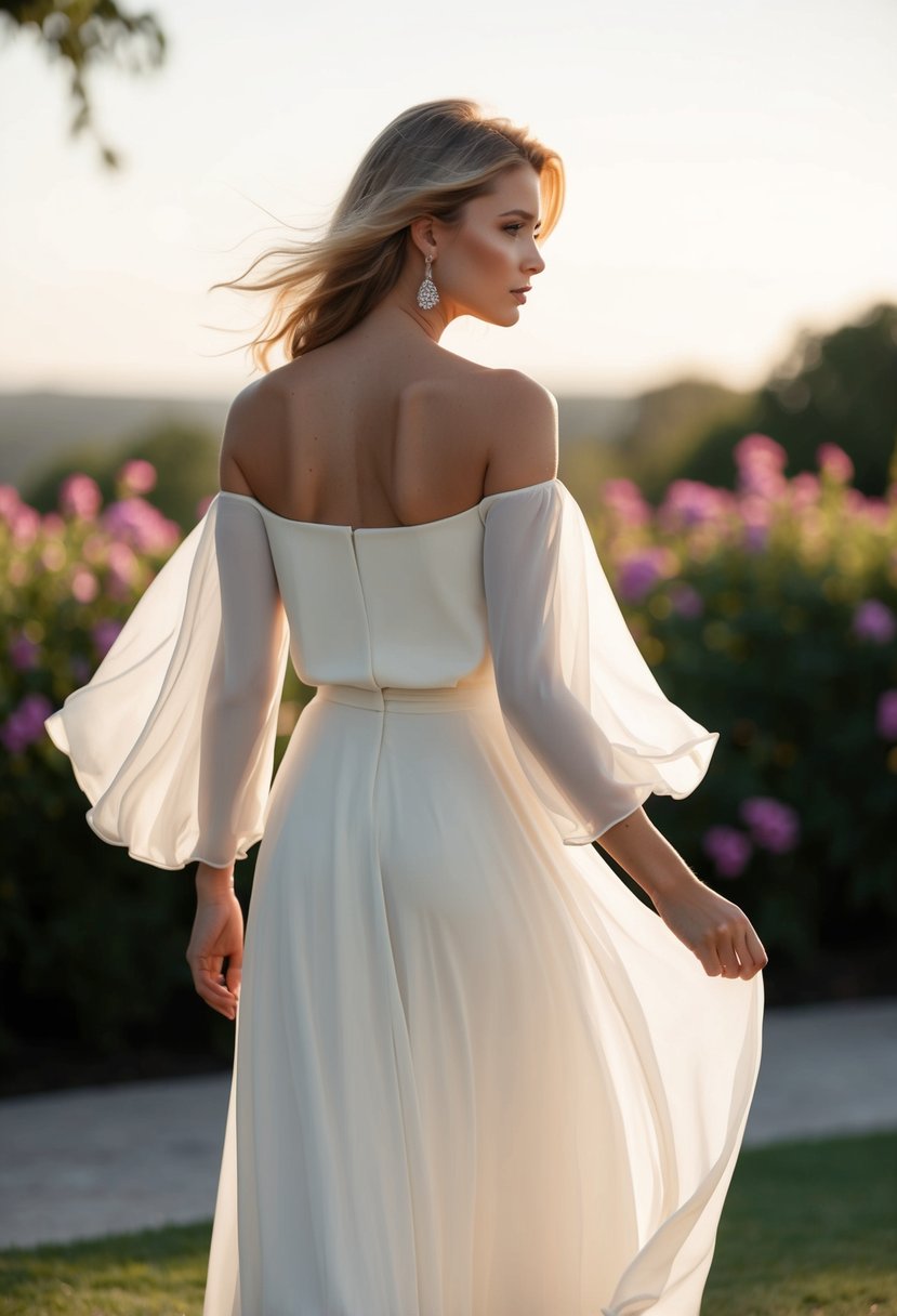 A flowy chiffon dress with off-the-shoulder sleeves billows in the wind, set against a romantic outdoor backdrop