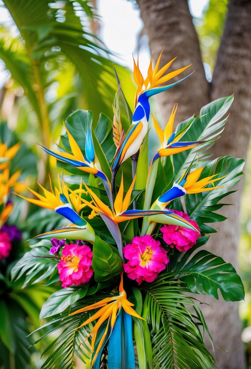 A vibrant bouquet of exotic Birds of Paradise, tropical foliage, and bright blooms arranged in a cascading style