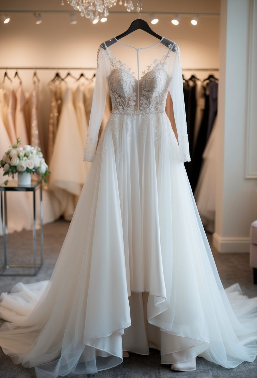 A flowing long sleeve gown, adorned with sheer illusion fabric, hangs on a dress form in a softly lit bridal boutique