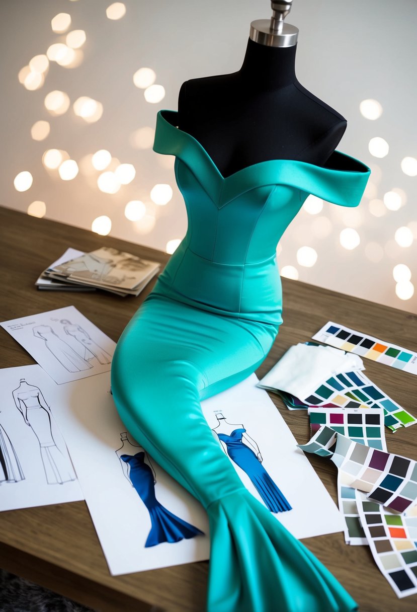 A modern off-the-shoulder mermaid dress on a mannequin, surrounded by sketches and fabric swatches