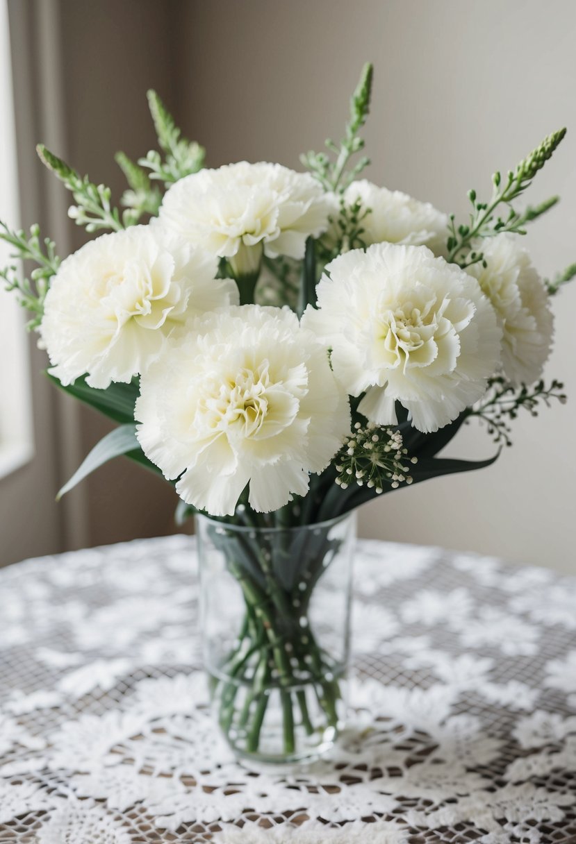 A bouquet of fluffy white carnations, accented with delicate greenery, sits in a glass vase on a lace-covered table