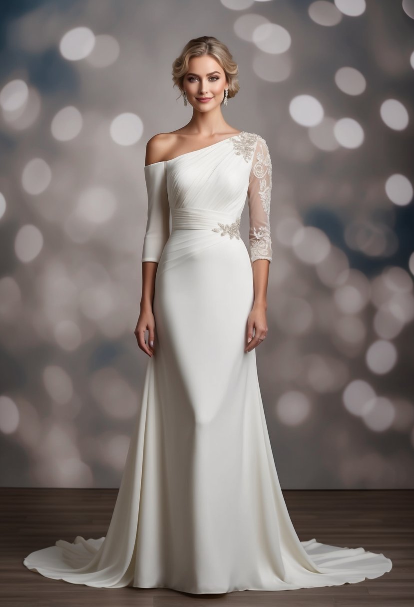 A flowing one-shoulder wedding guest dress with a long sleeve and elegant 3/4 sleeve design, featuring intricate details and a flattering silhouette