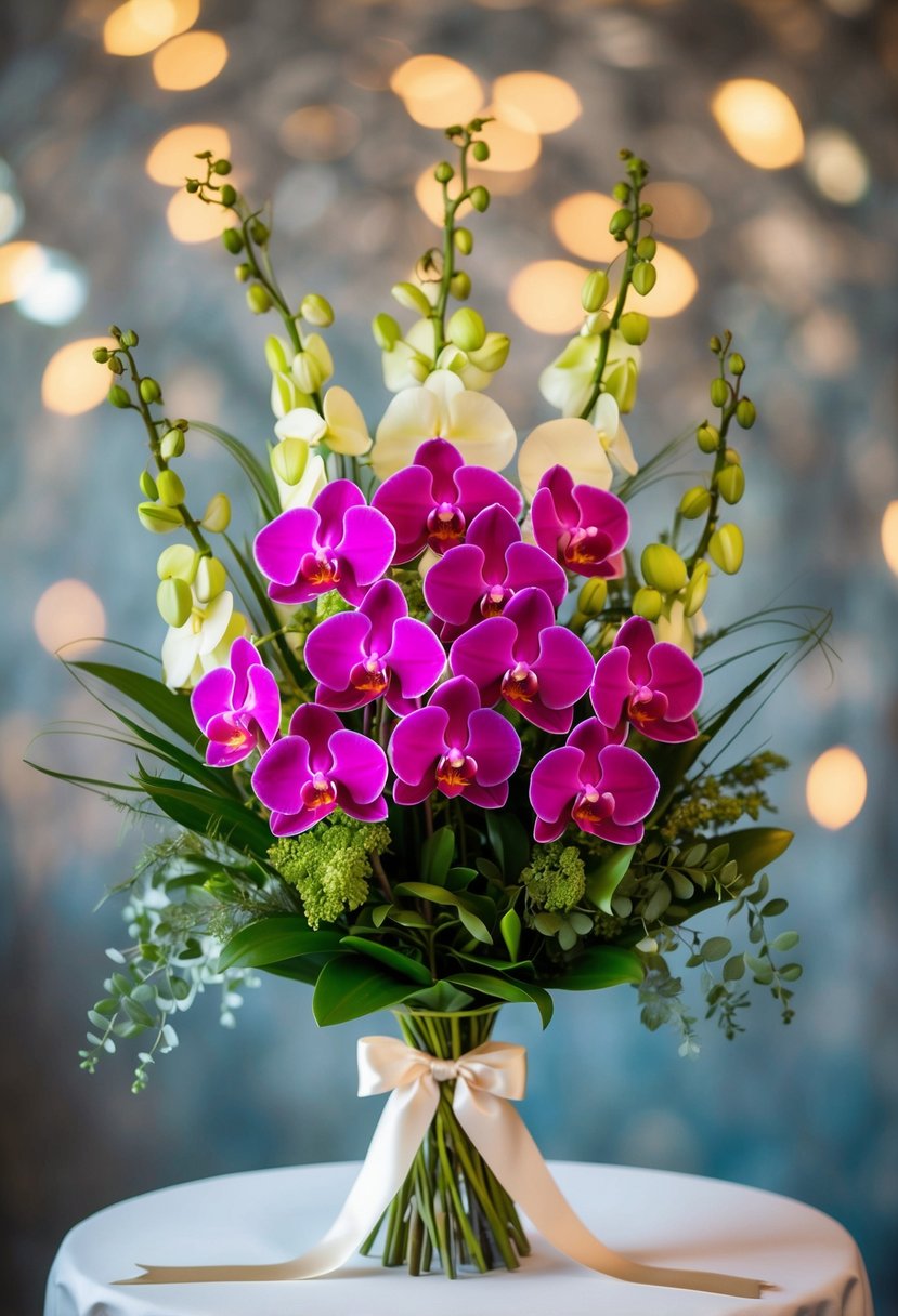 A lush bouquet of vibrant Mokara Orchids arranged with delicate greenery and tied with a satin ribbon