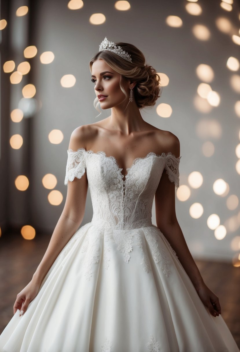 An elegant off-the-shoulder A-line dress with delicate lace details and a flowing skirt, fit for a princess on her wedding day