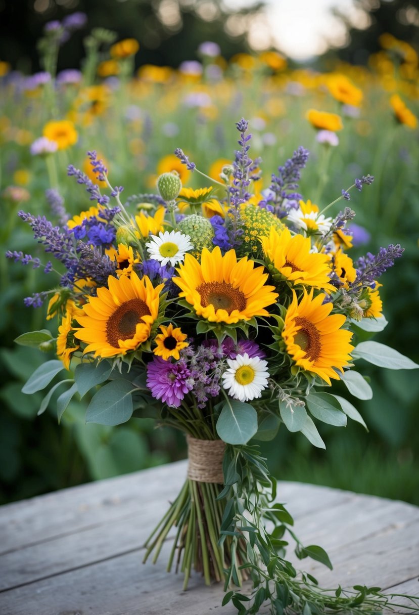 A vibrant bouquet of wildflowers, including daisies, sunflowers, and lavender, arranged in a rustic, hand-tied style with trailing greenery