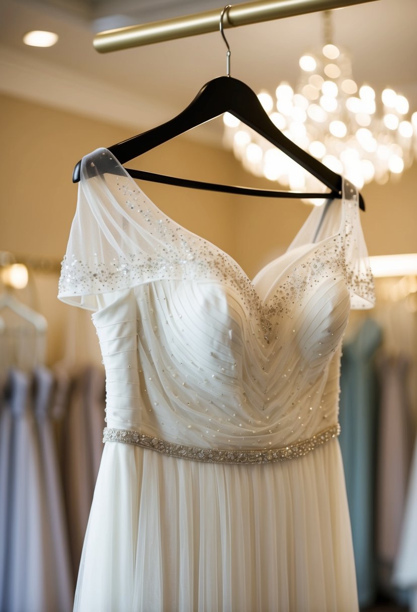 A delicate off-the-shoulder dress adorned with subtle beading, hanging on a hanger in a softly lit bridal boutique