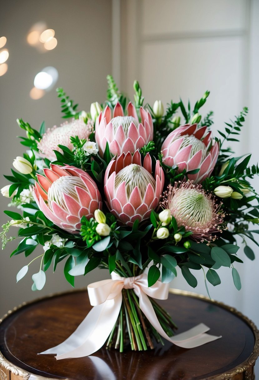 A lush bouquet of pink and white Protea flowers, accented with greenery and tied with a satin ribbon, sits on a vintage table