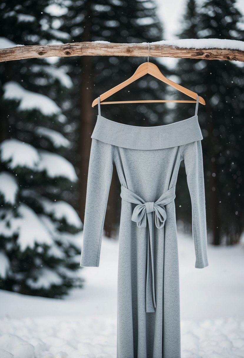 A woman's long sleeve off-the-shoulder winter dress hanging on a rustic wooden hanger, surrounded by snowy pine trees