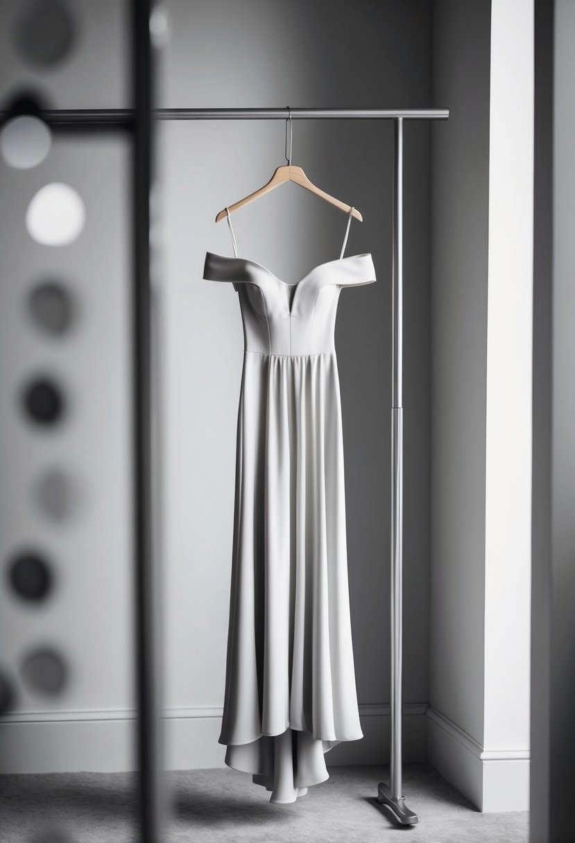 A sleek off-the-shoulder crepe gown hanging on a minimalist clothing rack