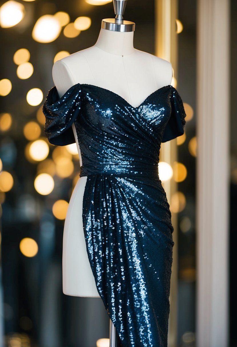 A sparkling sequin off-the-shoulder dress draped over a mannequin, with elegant sleeves cascading down