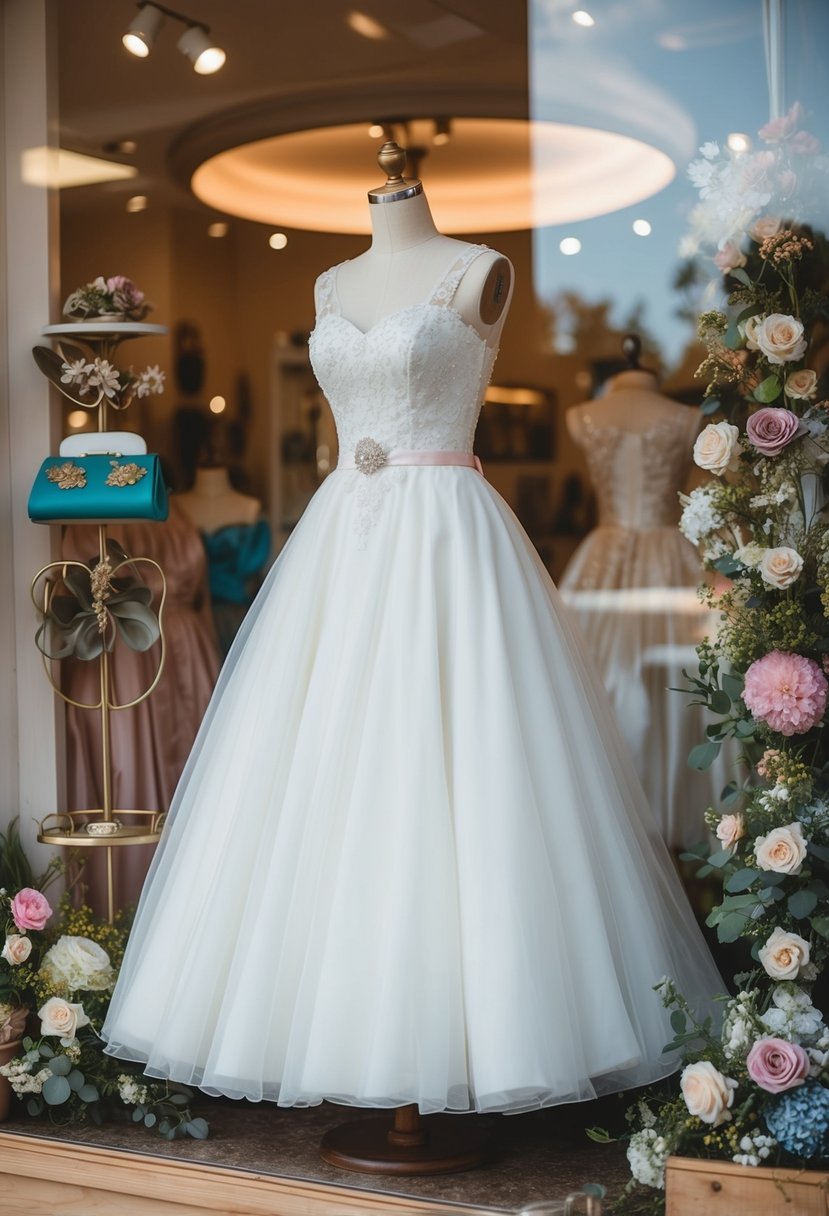 A 50s style wedding dress displayed on a mannequin in a vintage boutique window, surrounded by retro accessories and floral arrangements