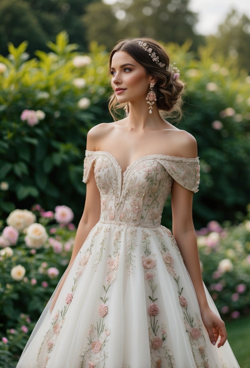 A delicate off-the-shoulder dress adorned with intricate floral embroidery, set against a romantic backdrop of lush greenery and blooming flowers