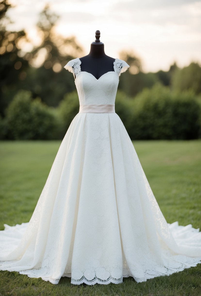 A full-skirted lace wedding dress with a sweetheart neckline, delicate cap sleeves, and a satin sash