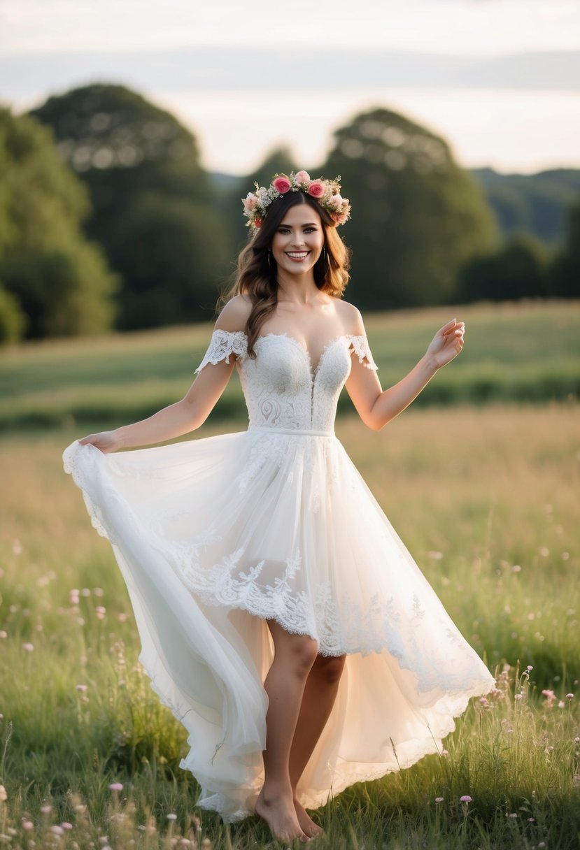 A flowing, off-the-shoulder wedding dress adorned with lace and floral details, paired with a whimsical flower crown and barefoot bride dancing in a meadow