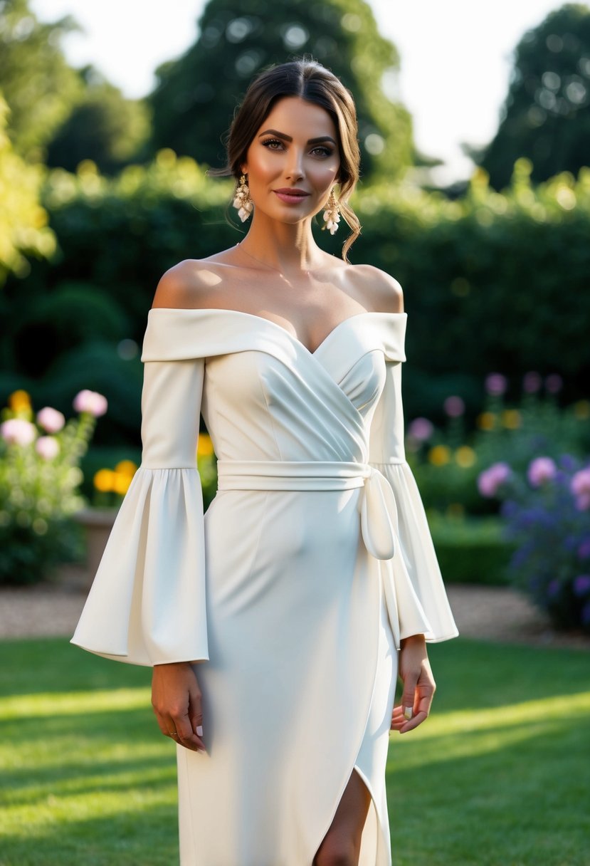 A woman in a classy off-the-shoulder wrap dress stands in a garden, with flowing sleeves and a romantic atmosphere