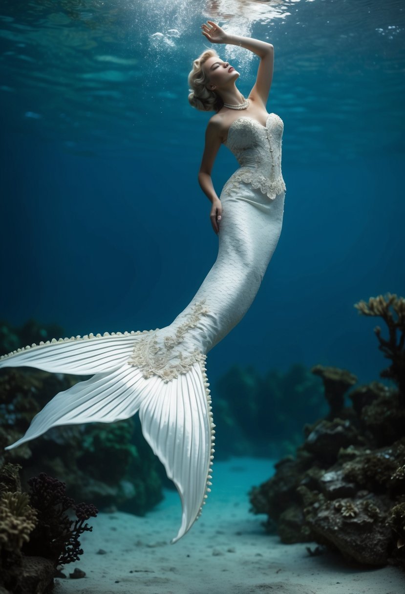 A mermaid tail wedding dress with a 50s vintage style, adorned with lace and pearls, flowing gracefully in an underwater garden