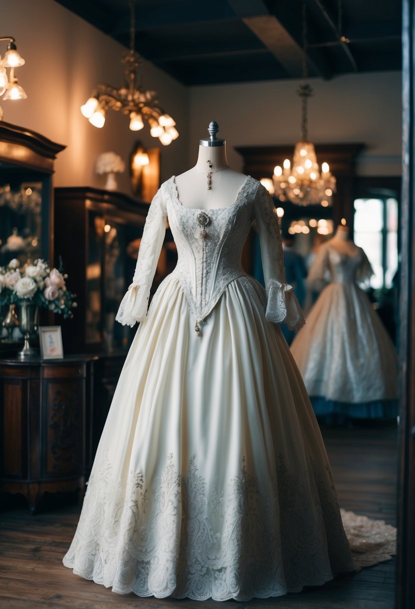 An ornate 1800s wedding dress displayed on a mannequin in a dimly lit vintage boutique