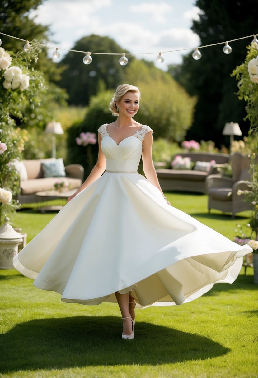 A bride twirls in a garden, her A-line wedding dress billowing in the breeze, surrounded by vintage 50s style decor