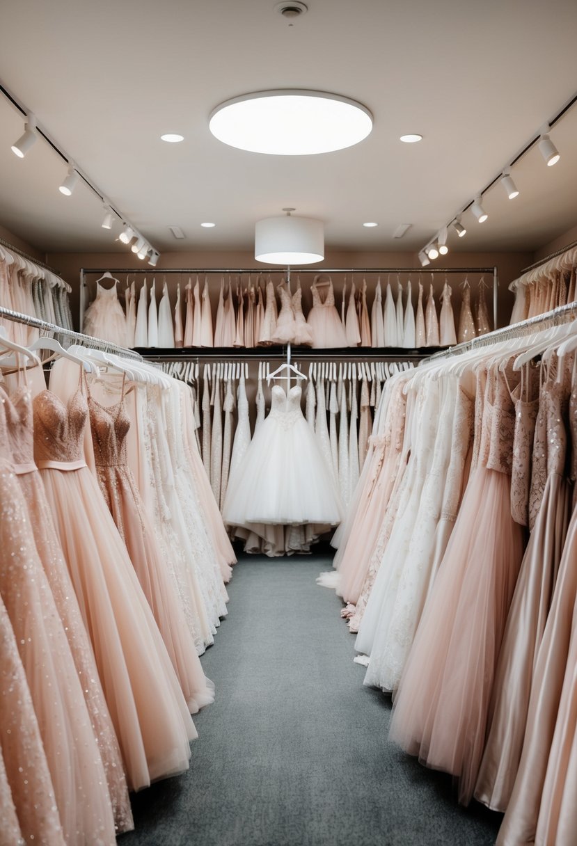 A bridal boutique filled with blush pink wedding dresses, arranged in a stunning display of 1800 different styles and designs