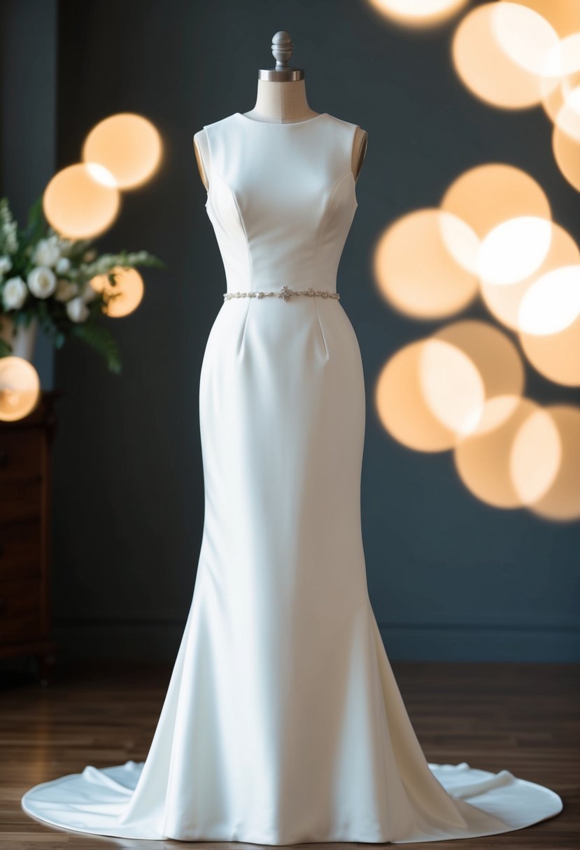 An elegant 50s-style wedding dress with a sleek sheath design, featuring a fitted bodice, high neckline, and a simple yet sophisticated silhouette