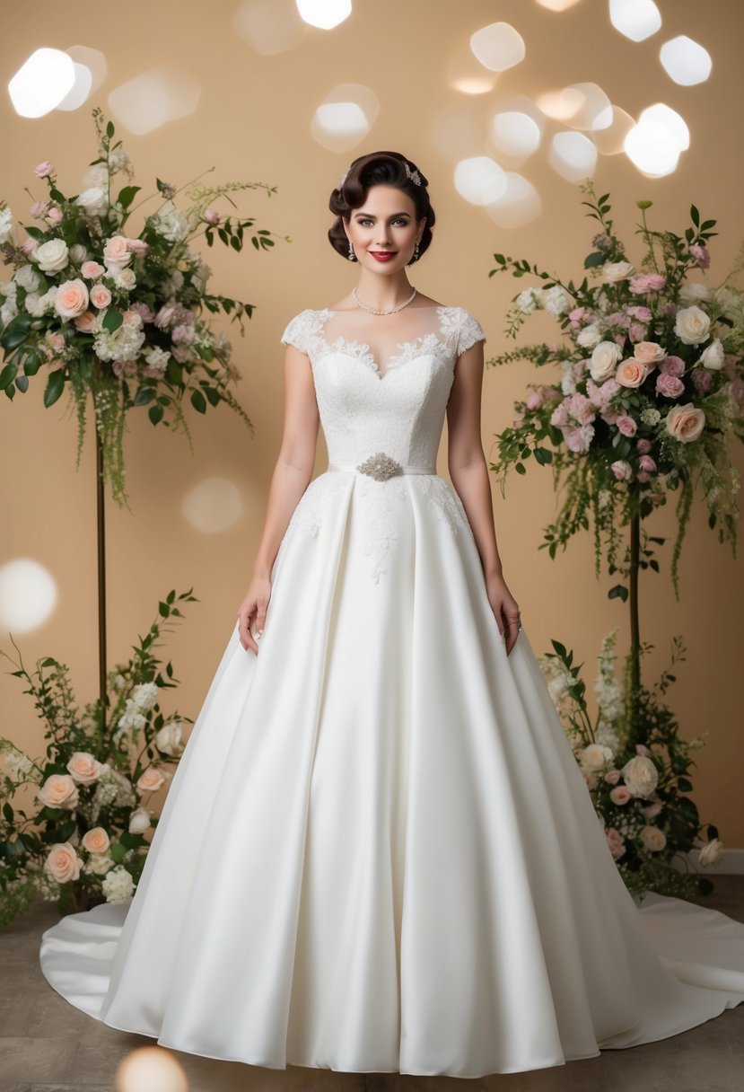 A bride in a chic tea-length 50s style wedding dress, surrounded by vintage decor and floral arrangements