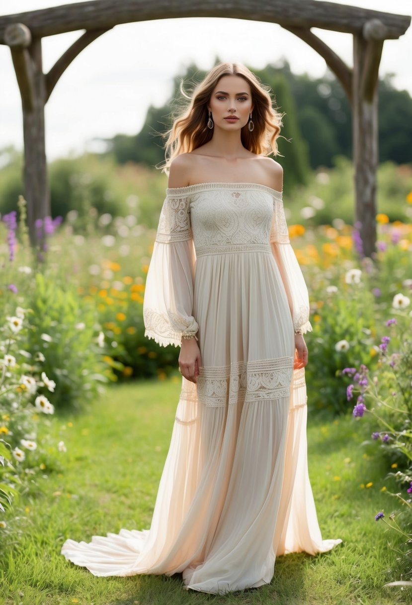 A flowing, off-the-shoulder bohemian style dress with intricate lace details, set against a backdrop of a lush garden with wildflowers and a rustic wooden archway