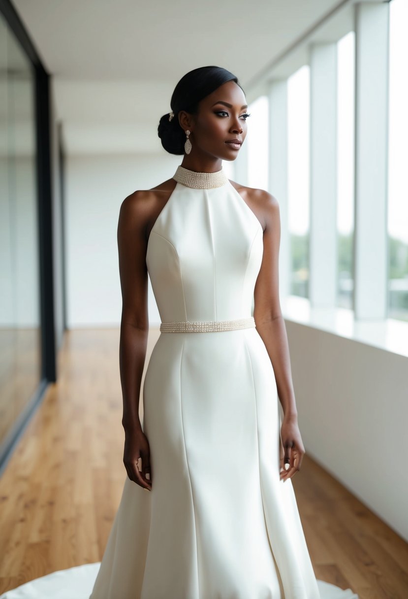 A sleek, A-line 50s style wedding dress with a high neckline and minimal embellishments, in a clean and modern setting