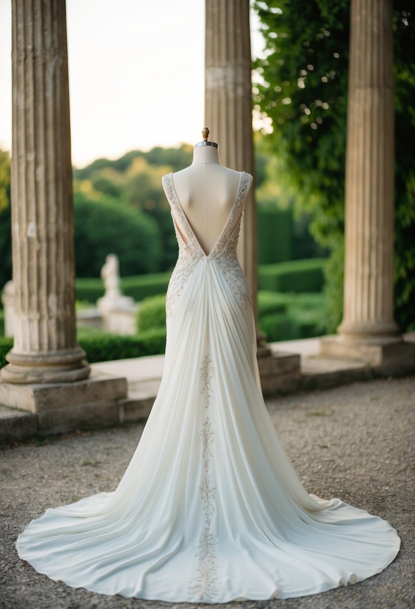 A flowing Grecian-inspired wedding dress with draped fabric and delicate embroidery, set against a backdrop of ancient columns and lush greenery