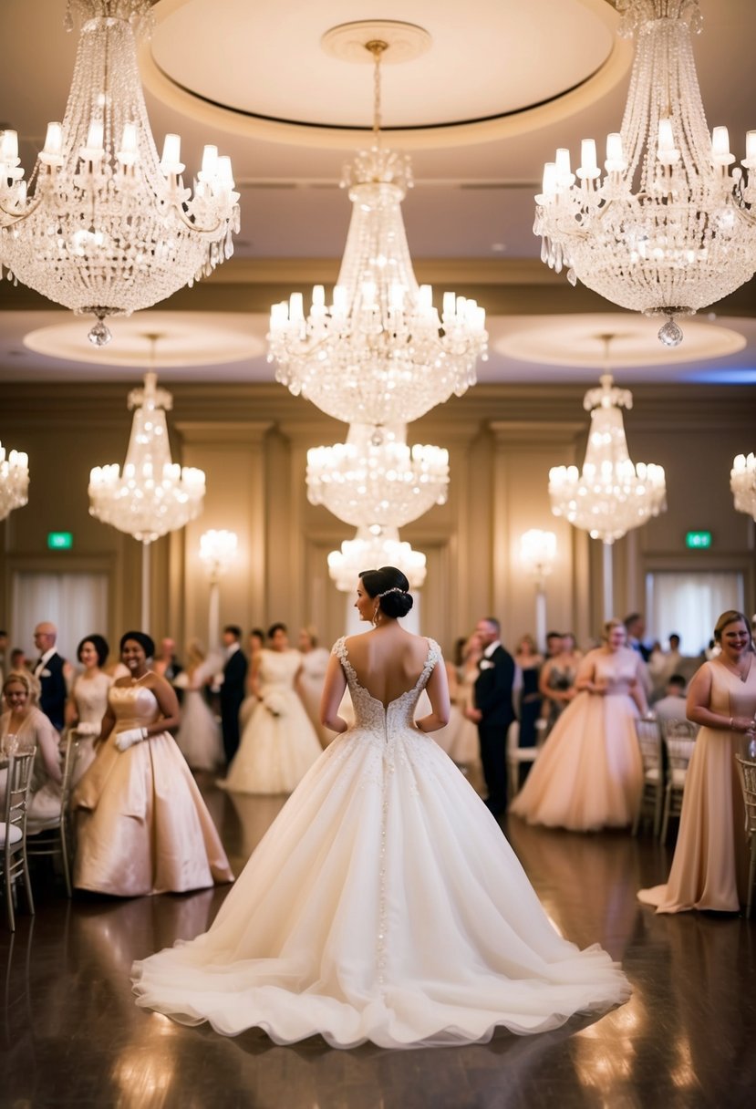 A grand ballroom with crystal chandeliers, filled with elegant 50s style wedding gowns in shades of ivory, blush, and champagne