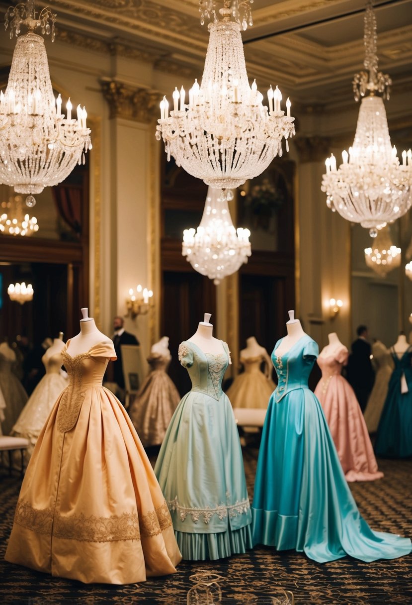 A grand ballroom with chandeliers and ornate decor, showcasing a display of vintage tea-length gowns from the 1800s