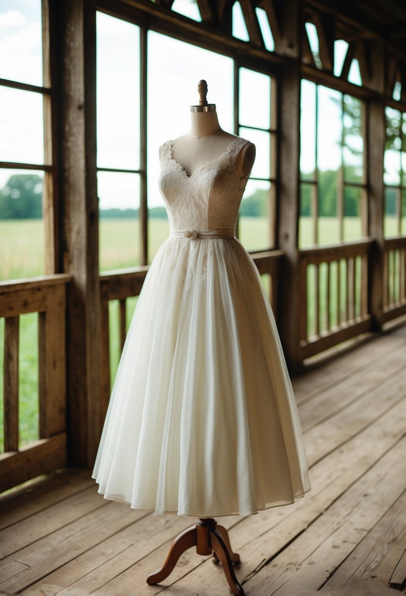 A quaint 1950s-style wedding dress displayed on a vintage wooden mannequin in a rustic country barn setting