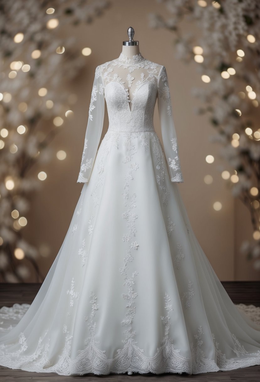 A lace-trimmed, A-line wedding dress with a high neckline and long sleeves, adorned with delicate floral appliques and a trailing train