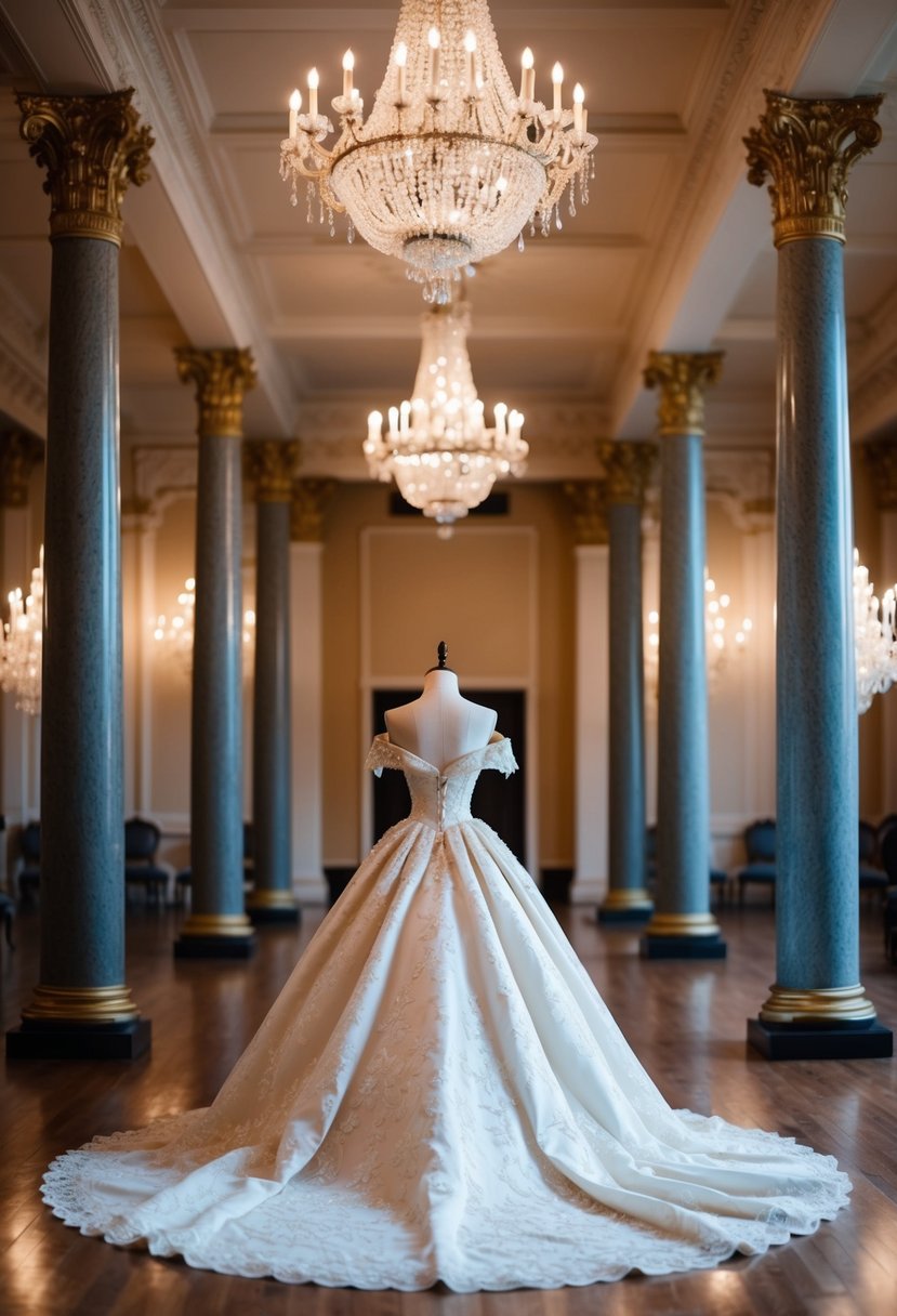 A grand ballroom with chandeliers and ornate pillars, showcasing an opulent off-the-shoulder 1800s wedding gown on a mannequin