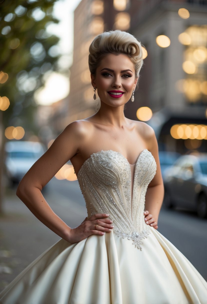 A bride in a glamorous 50s style trumpet wedding dress with a fitted bodice, flared skirt, and intricate lace or beaded details