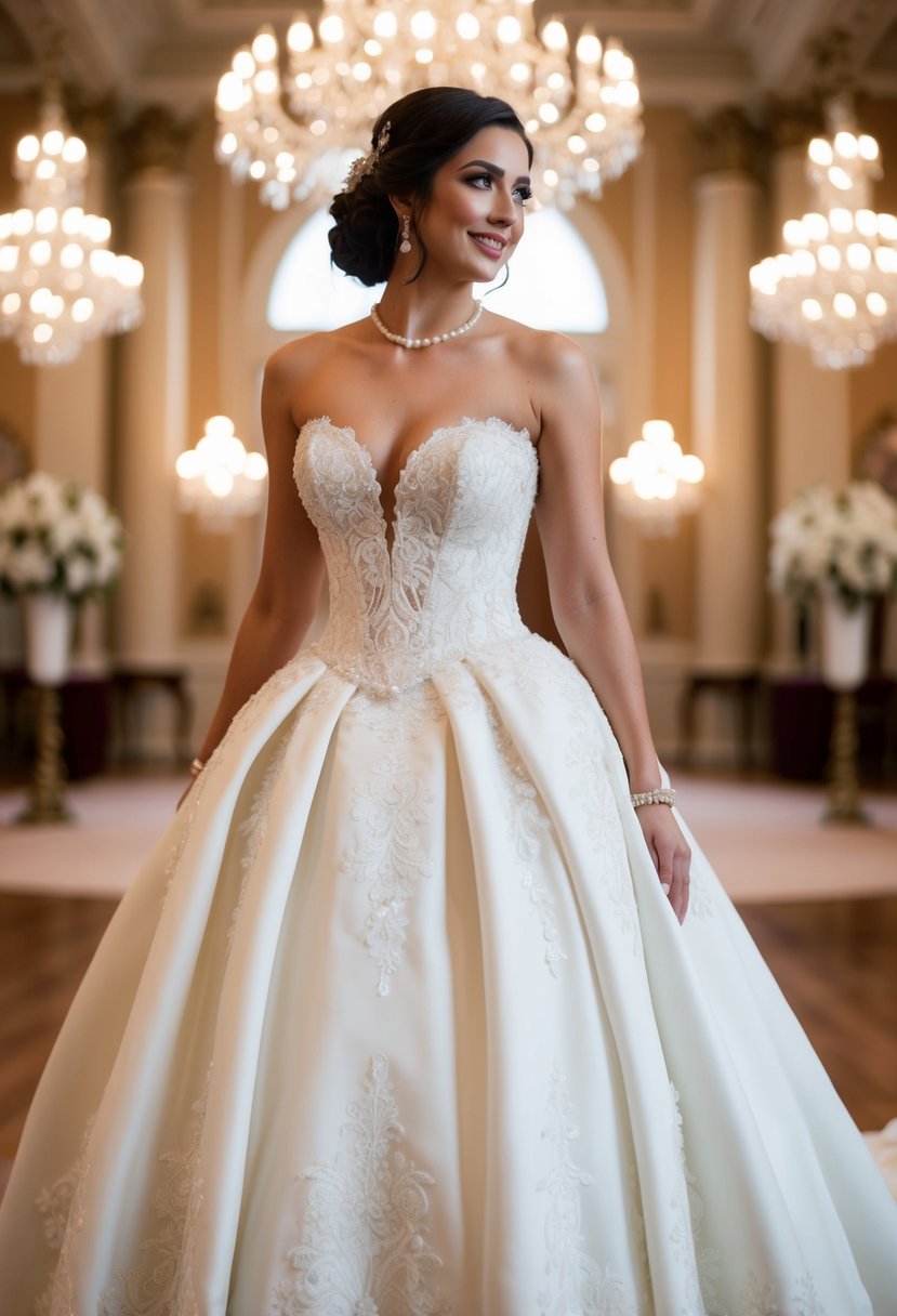 A bride in a Basque waist wedding dress, with intricate lace and pearl details, standing in a grand ballroom with chandeliers and ornate decor