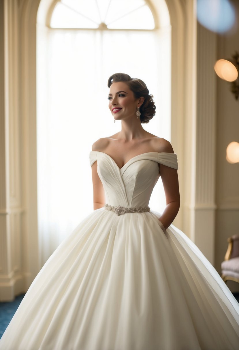 A bride in a 50s style wedding dress, with a graceful off-the-shoulder neckline, standing in a vintage-inspired setting with soft, romantic lighting