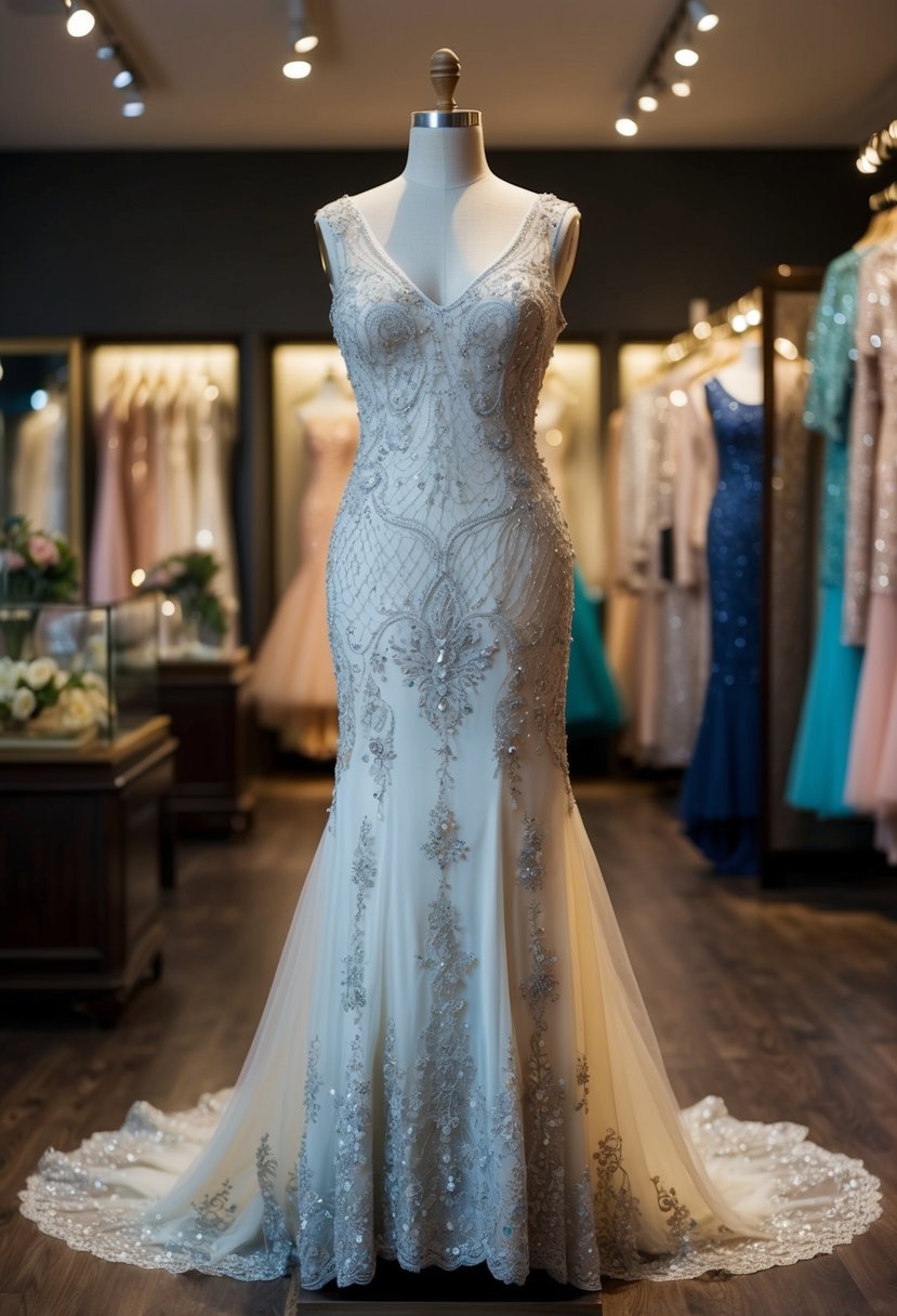 A 60s vintage lace and beaded mermaid gown displayed on a mannequin in a dimly lit boutique