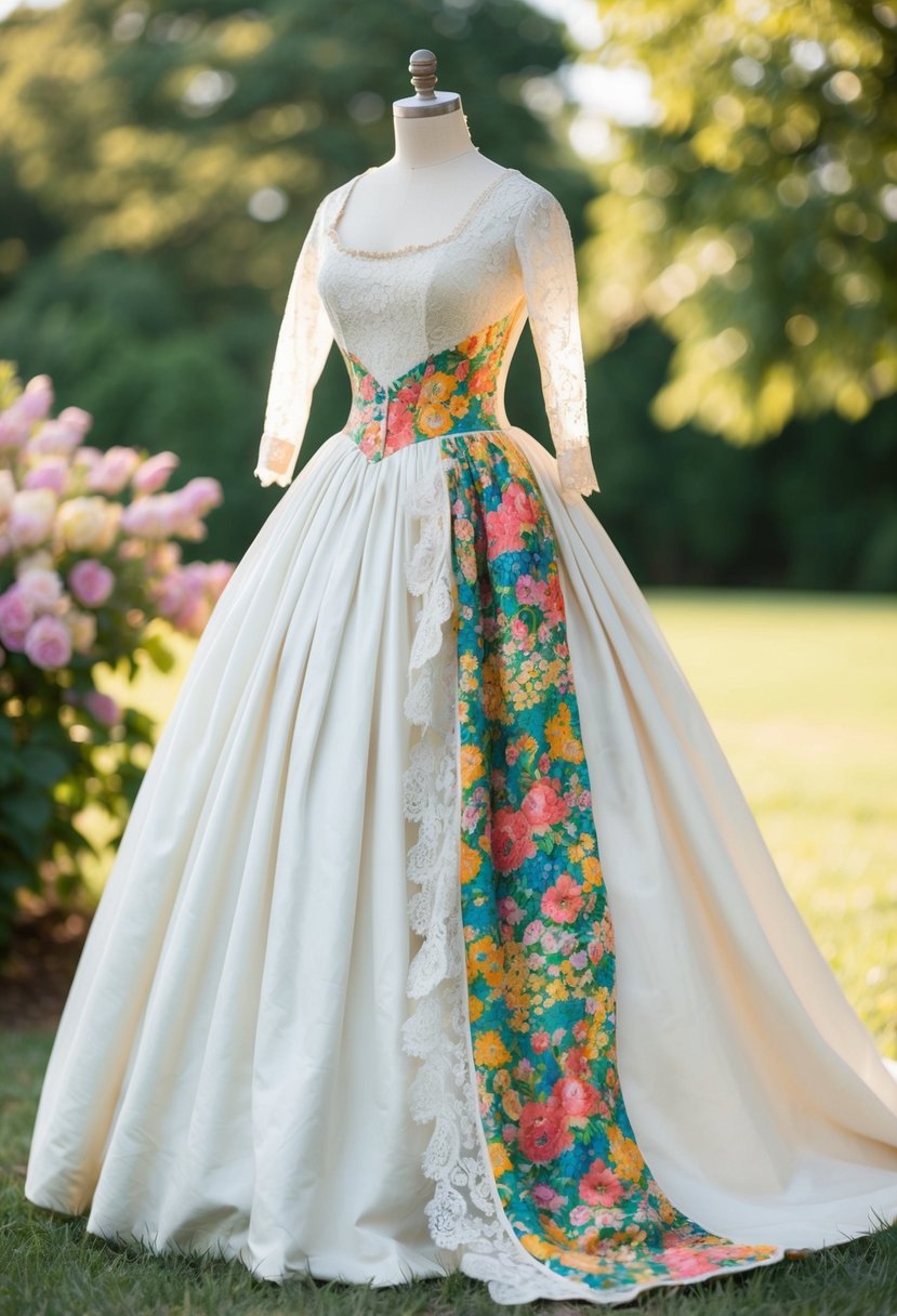 A vintage 1800s wedding dress adorned with vibrant floral patterns, cascading down the full skirt and delicate lace bodice