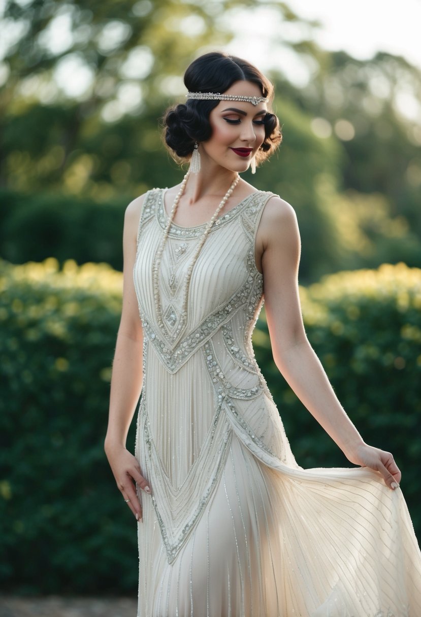 A 1920s flapper-inspired dress with a 60s vintage wedding dress vibe, featuring intricate beading, a drop waist, and a flowing, floor-length skirt