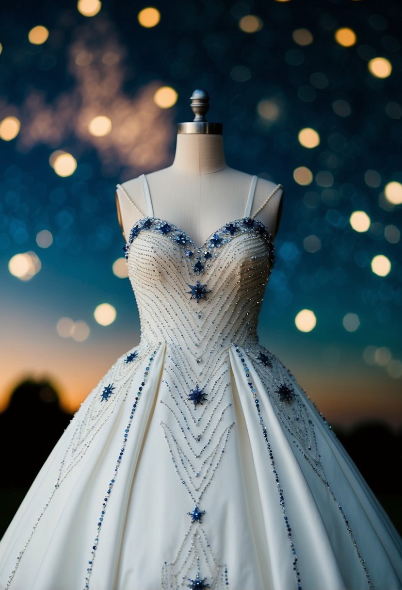 A beaded 1950s-style wedding dress adorned with celestial motifs, set against a starry night sky