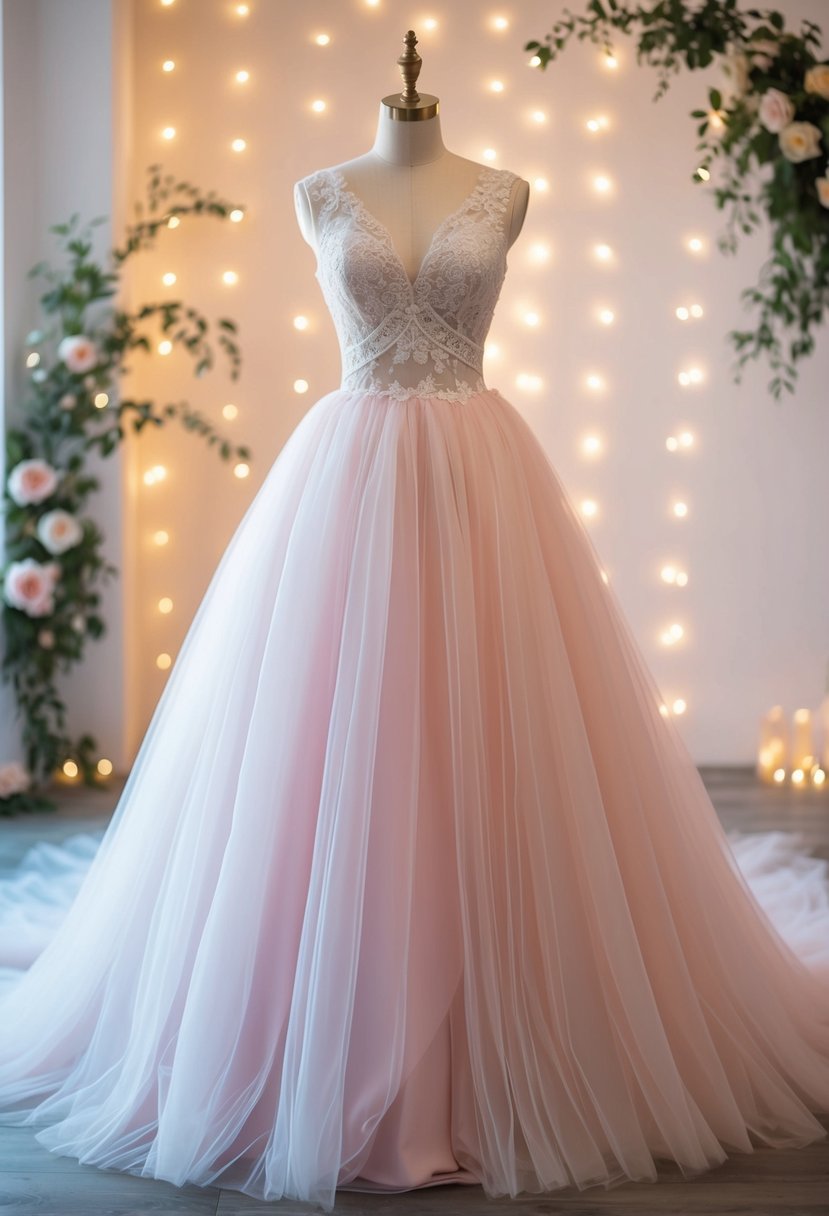 A flowing, pastel tulle wedding dress with a full skirt, cinched waist, and delicate lace details. A soft, dreamy atmosphere with twinkling lights and floral accents