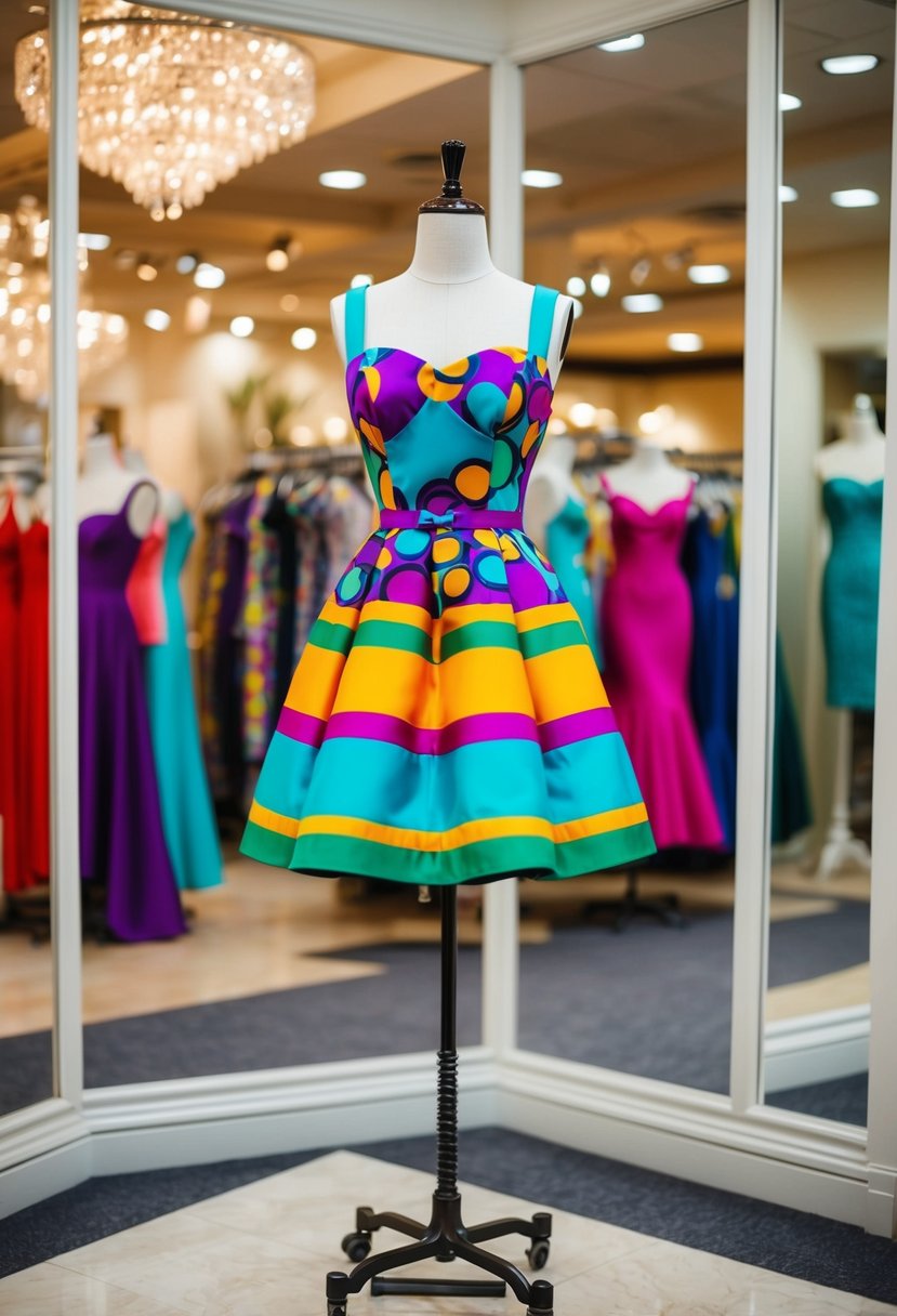 A vibrant 1960s mod mini dress displayed on a mannequin in a retro-themed wedding boutique