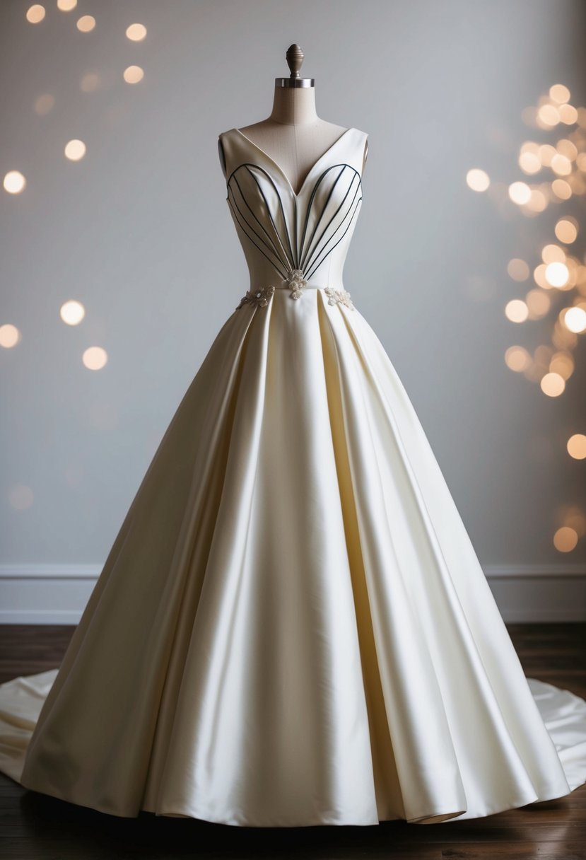 A bold, asymmetrical 50s-style wedding dress with a fitted bodice and full skirt, featuring dramatic lines and vintage details