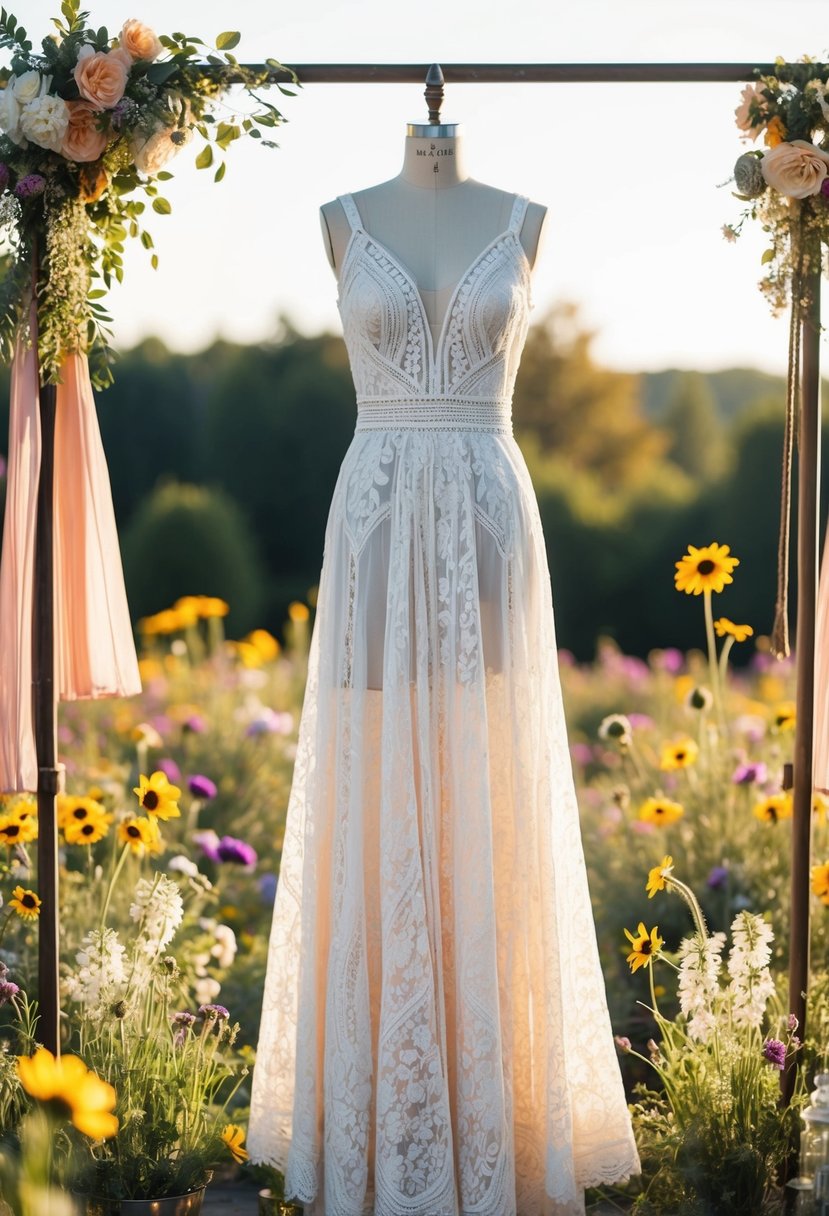 A bohemian lace maxi dress hangs on a vintage mannequin, surrounded by wildflowers and retro wedding decor