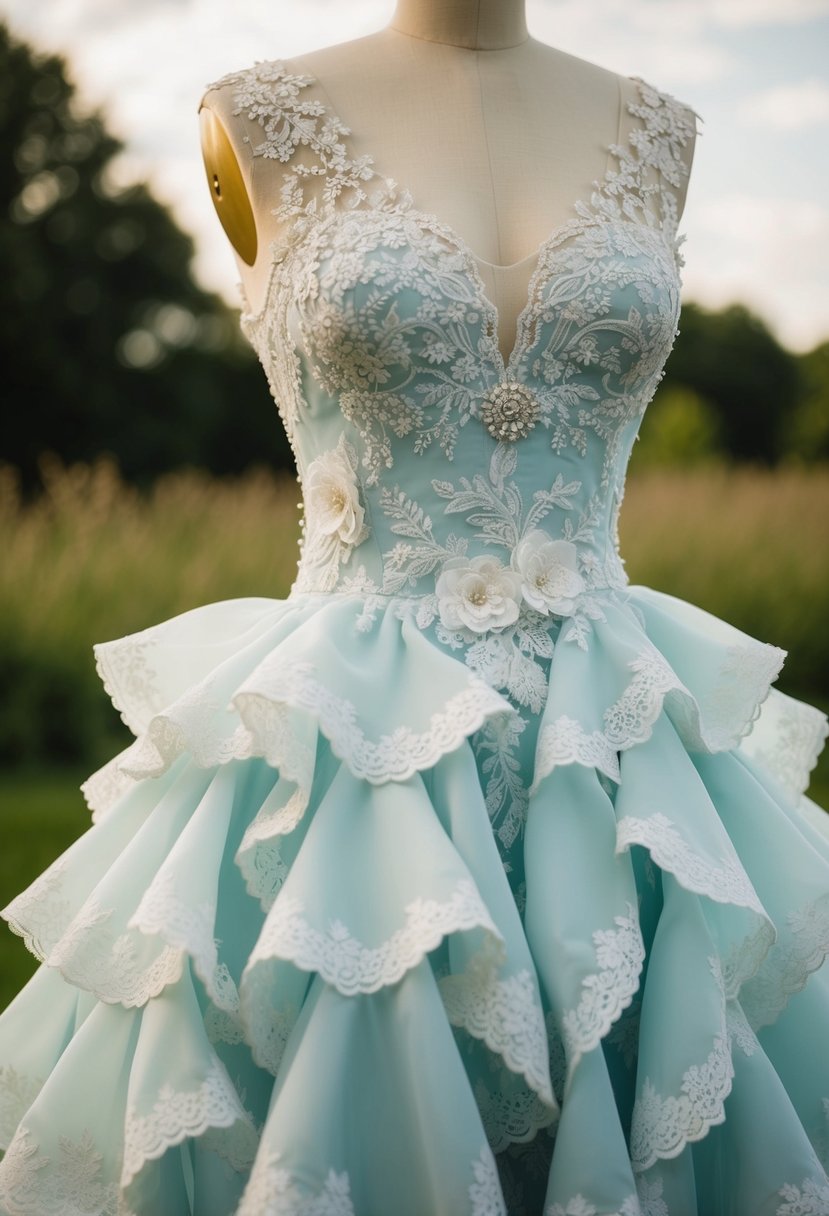 A lace-trimmed ruffled skirt cascades down from a fitted bodice, adorned with delicate floral appliques and intricate beadwork